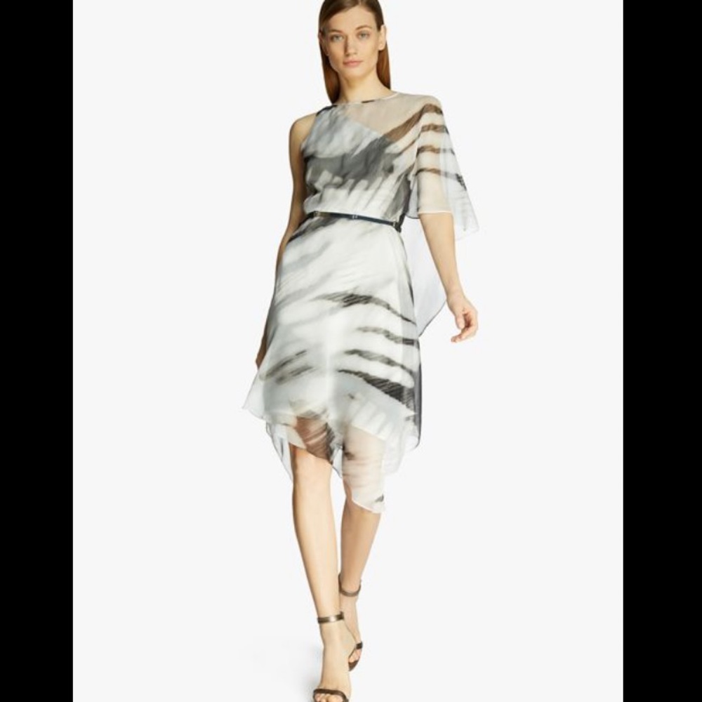 Halston Heritage Ivory Asymmetric Printed Chiffon Dress